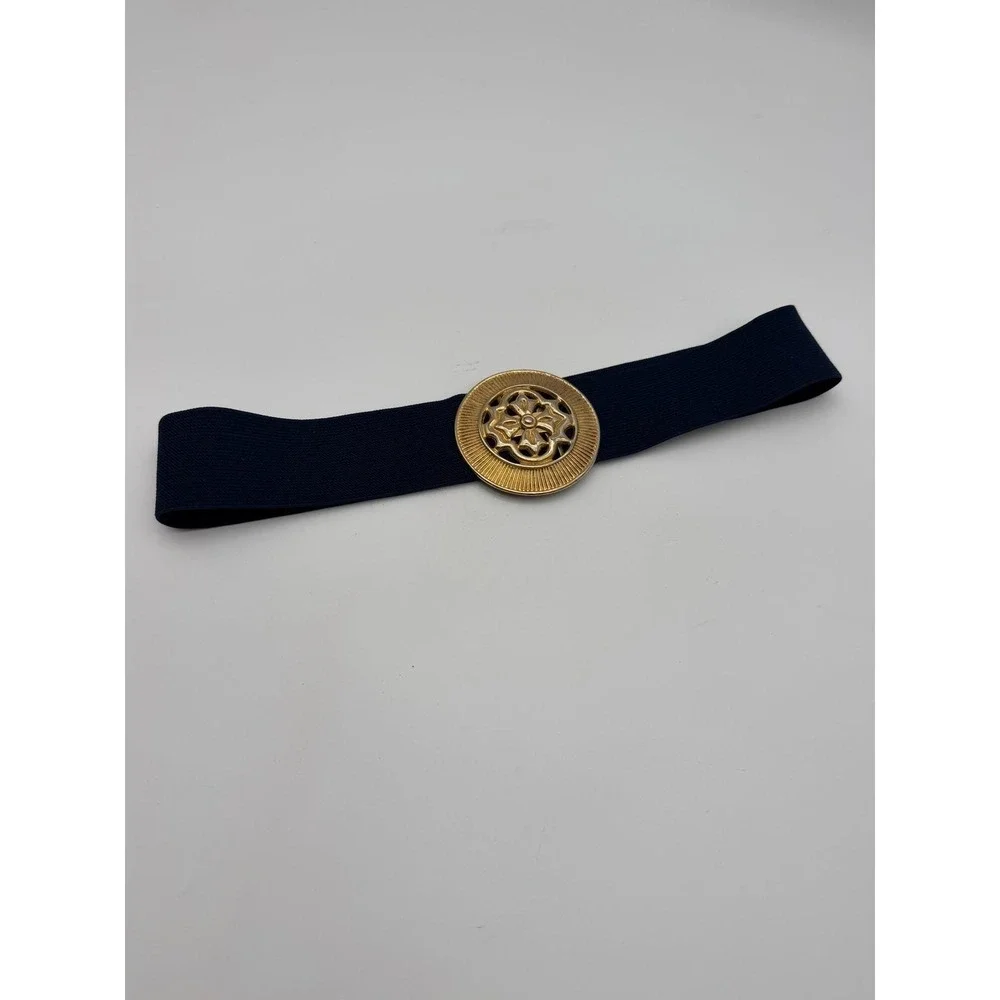 Vintage Navy Blue Elastic Cinch Belt Gold Filigree Round Buckle Medium 27 Inch